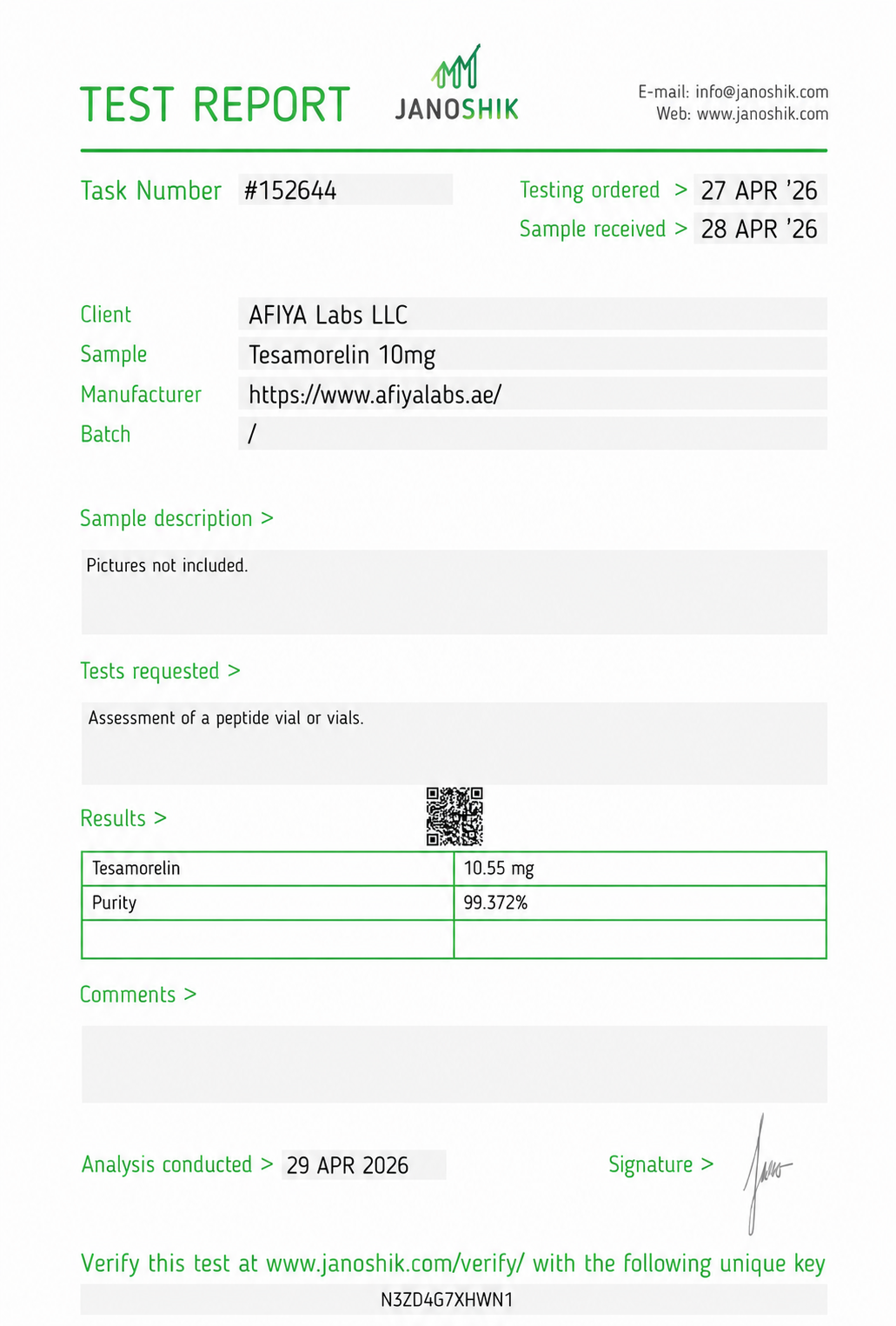 Tesamorelin certificate of analysis